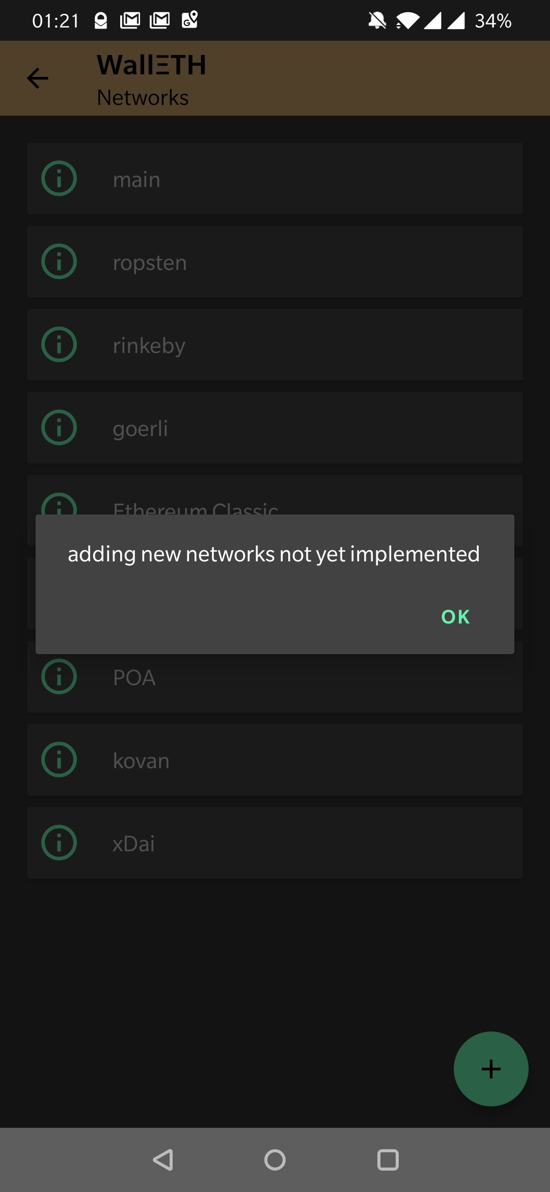 Adding new networks is not yet implemented